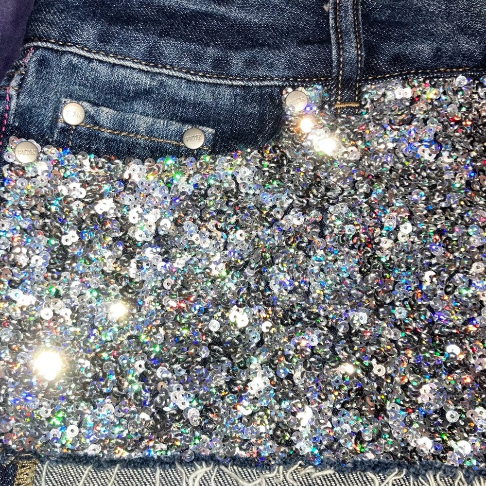 Victoria’s Secret Pink Denim Rainbow Silver Sequin Dark Blue Jean Shorts 0 RARE - Picture 5 of 8